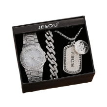 Elegante conjunto de relojes de joyería de moda para hombres, 3 piezas de relojes de cuarzo con pulsera de diamantes de imitación, collar, reloj de pulsera de plata punk + caja